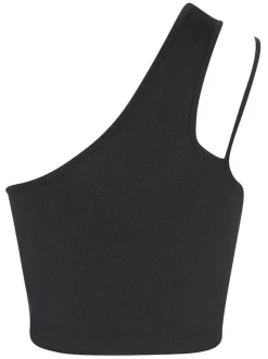 Top noir asymétrique sans manches avec logo écriture blanc