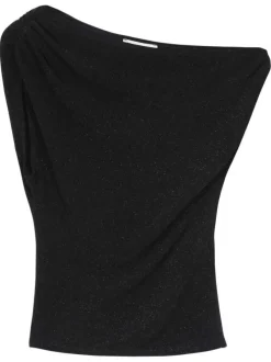 Top noir brillant avec une coupe ajustée et un col asymétrique
