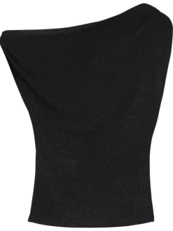 Top noir brillant avec une coupe ajustée et un col asymétrique