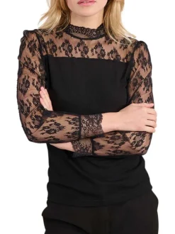Top noir en bi-matière avec une coupe ajustée et un col montant en dentelle