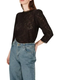 Top noir en dentelle avec une coupe droite et des manches 3/4