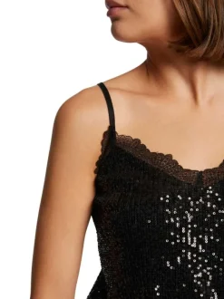 Top noir en sequins à coupe ajustée, col v en dentelle et à bretelles