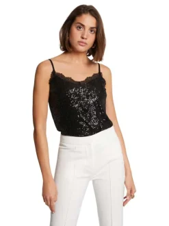 Top noir en sequins à coupe ajustée, col v en dentelle et à bretelles