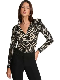 Top noir et blanc zébré à coupe ajustée avec col v et manches longues