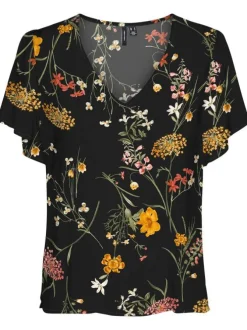 Top noir à fleurs multicolores avec une coupe regular fit et un col v