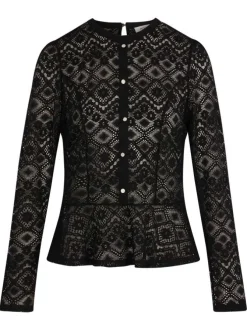 Top noir à motifs géométriques ajourés avec une coupe ajustée et un col rond