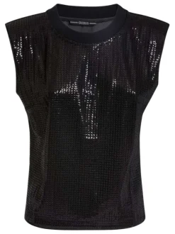 Top noir à sequins, sans manches et à col rond