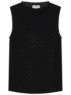 Top noir uni ajouré avec une coupe ajustée et un col rond