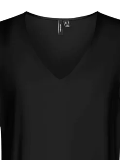 Top noir uni avec un col v et des manches courtes volantes et amples