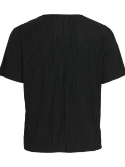 Top noir uni avec une coupe droite à col rond et des manches courtes