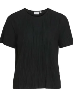 Top noir uni avec une coupe droite à col rond et des manches courtes
