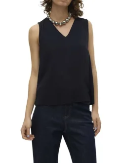 Top noir uni avec une coupe droite, col v et sans manches ample