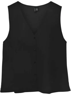 Top noir uni avec une coupe droite et une fermeture boutonnée