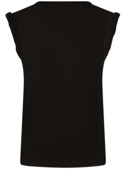 Top noir uni avec une coupe droite un col v et des détails tressés aux manches