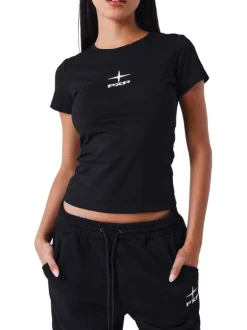 Top noir uni col rond avec une coupe crop et à manches courtes