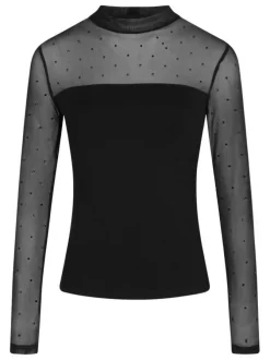 Top noir uni à coupe ajustée, col montant et à manches longues transparentes