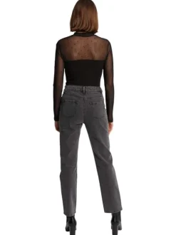 Top noir uni à coupe ajustée, col montant et à manches longues transparentes