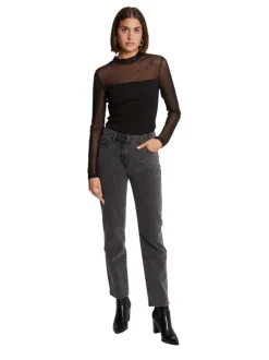 Top noir uni à coupe ajustée, col montant et à manches longues transparentes