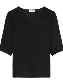 Top noir uni à coupe droite avec un col v et des manches courtes