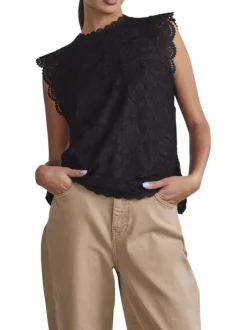 Top noir uni en dentelle avec une coupe droite un col rond et sans manches