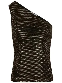 Top or à sequins avec une coupe ajustée, col asymétrique et sans manches