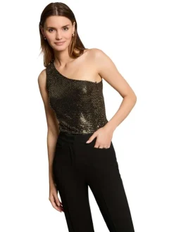 Top or à sequins avec une coupe ajustée, col asymétrique et sans manches