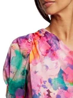 Top à épaules asymétrique multicolore imprimé abstrait avec une coupe droite