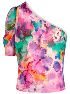Top à épaules asymétrique multicolore imprimé abstrait avec une coupe droite