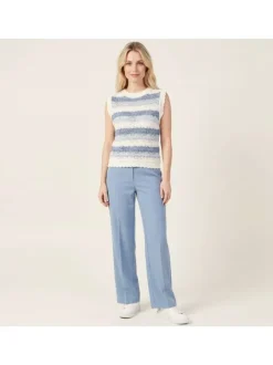 Top rayé en coton mélangé blanc et bleu avec une coupe droite et un col rond