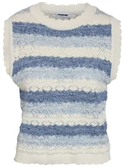 Top rayé en coton mélangé blanc et bleu avec une coupe droite et un col rond