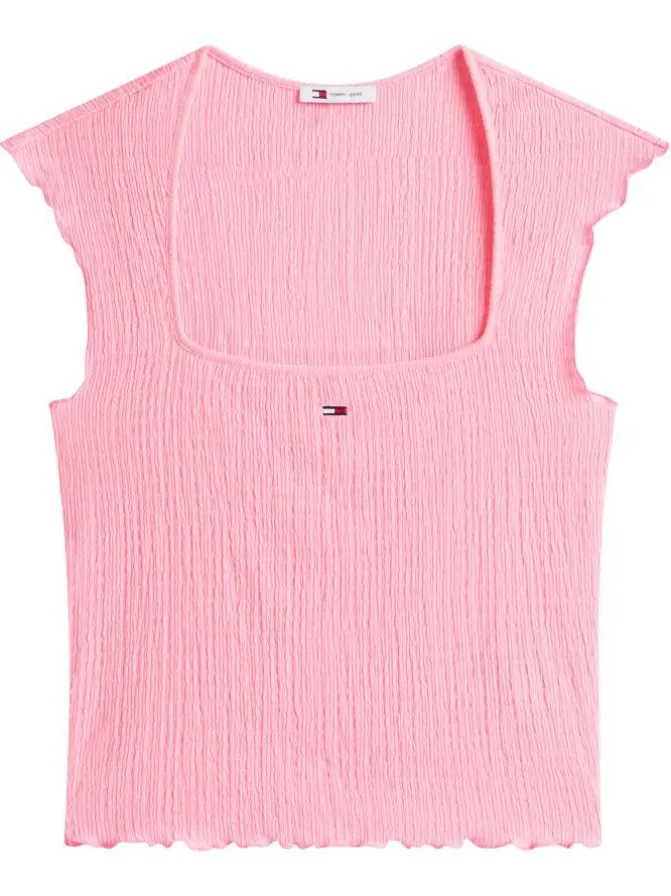 Top rose uni en maille gaufrée avec une coupe moulante et un col carré