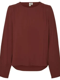 Top rouge brique uni à coupe droite et à col rond avec des manches longues