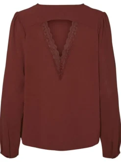Top rouge brique uni à coupe droite et à col rond avec des manches longues