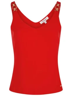 Top rouge uni pourvu d'une coupe ajustée et d'un décolleté en V