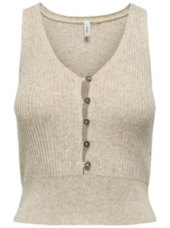 Top sans manches boutonné beige côtelé chiné avec une coupe près du corps