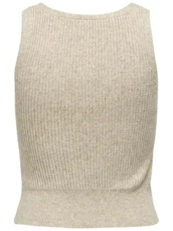 Top sans manches boutonné beige côtelé chiné avec une coupe près du corps
