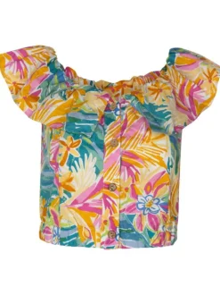 Top sans manches en coton à motif fleuri coupe cropped à col v