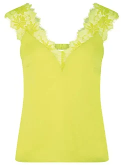 Top sans manches jaune en dentelle avec une coupe droite et un col v
