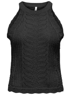 Top sans manches noir uni en crochet ajouré avec une coupe ajustée