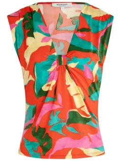 Top sans manches rouge à motifs multicolores avec un col v resserré