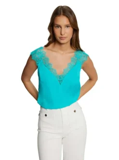 Top sans manches turquoise en dentelle à coupe droite et col v