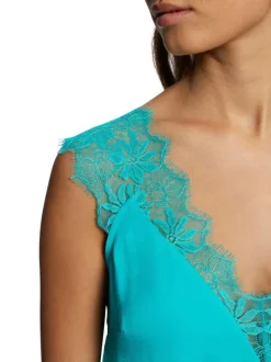 Top sans manches turquoise en dentelle à coupe droite et col v