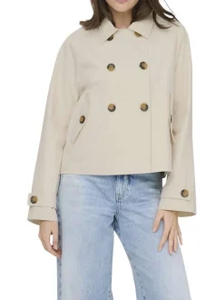 Trench April court beige uni avec une coupe droite et un col revers