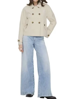 Trench April court beige uni avec une coupe droite et un col revers