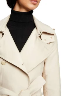 Trench coat beige uni avec une coupe droite et un col à capuche