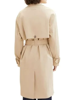 Trench coat beige uni avec une coupe droite et un col cubain