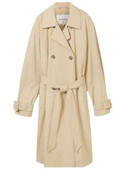 Trench coat beige uni avec une coupe droite et un col cubain