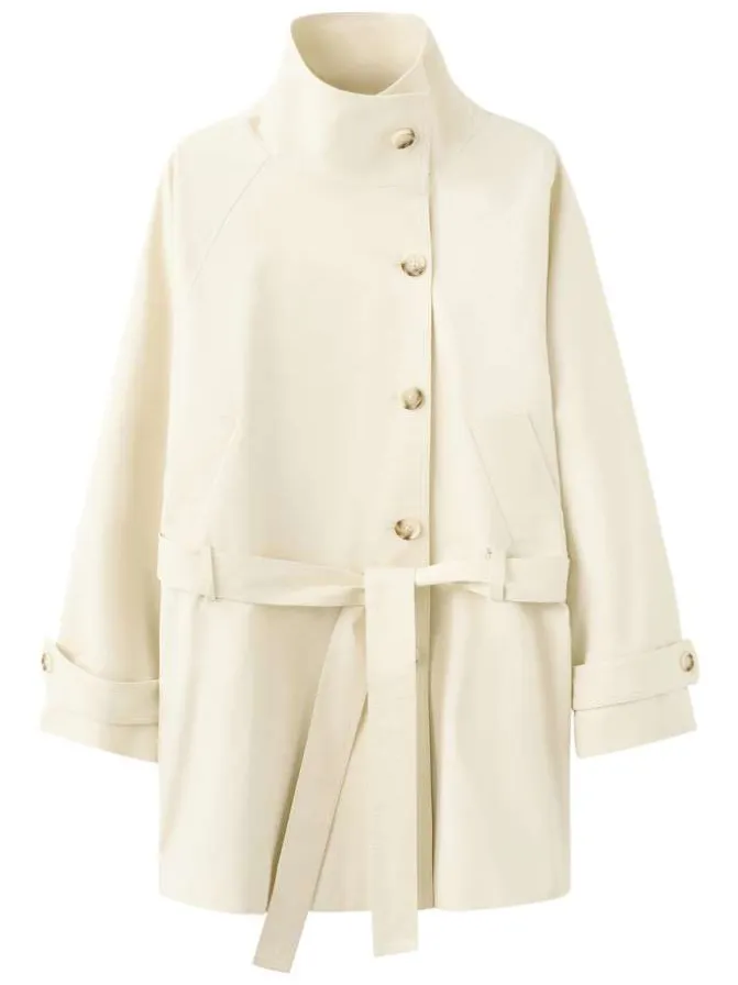 Trench coat long en coton beige uni avec une coupe ample et un col montant
