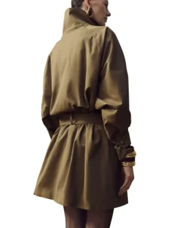 Trench coat long en coton chocolat uni avec une coupe ample et un col montant