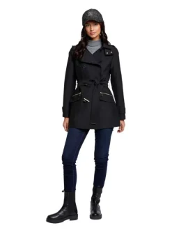 Trench coat noir uni avec une coupe droite et un col à capuche